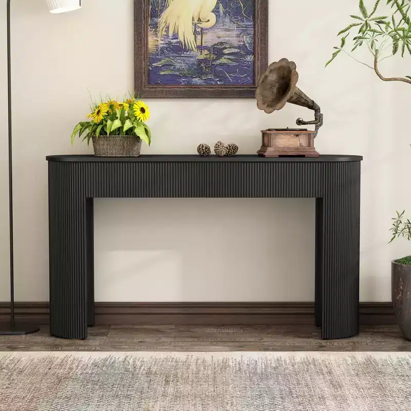 Clihome Entryway Table with Fluted Design, Modern Console Table with Storage, Oval Top and 2 Drawers for Entryway and Living Room