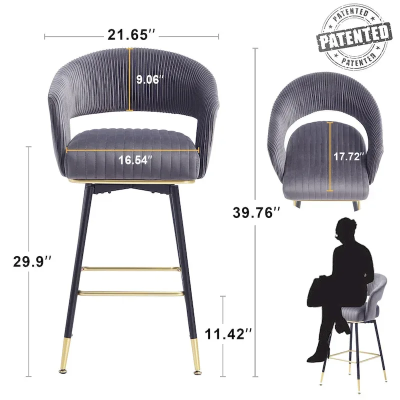 Hausfame Velvet Upholstered Set of 2 Swivel Barstool With Backs - 22.2 in. W X 21.5 in. D X 40 in. H