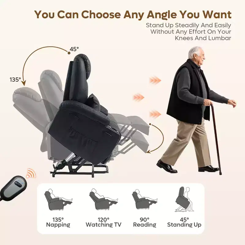 Bestier 34.6'' Electric Power Lift Asist Recliner Chair with Massage and Heat, Fax Leather Reclining Chair with Side Pockets & Cup Holders