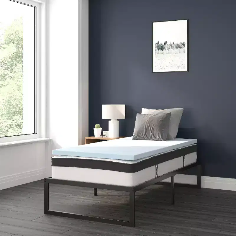 14 Inch Metal Platform Bed Frame with 10 Inch Pocket Spring Mattress in a Box and 2 Inch Cool Gel Memory Foam Topper