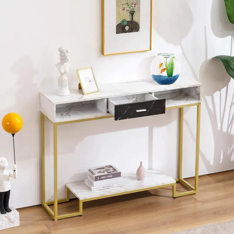 Gold Wood Nordic Console Table with Drawer & 2 Shelves