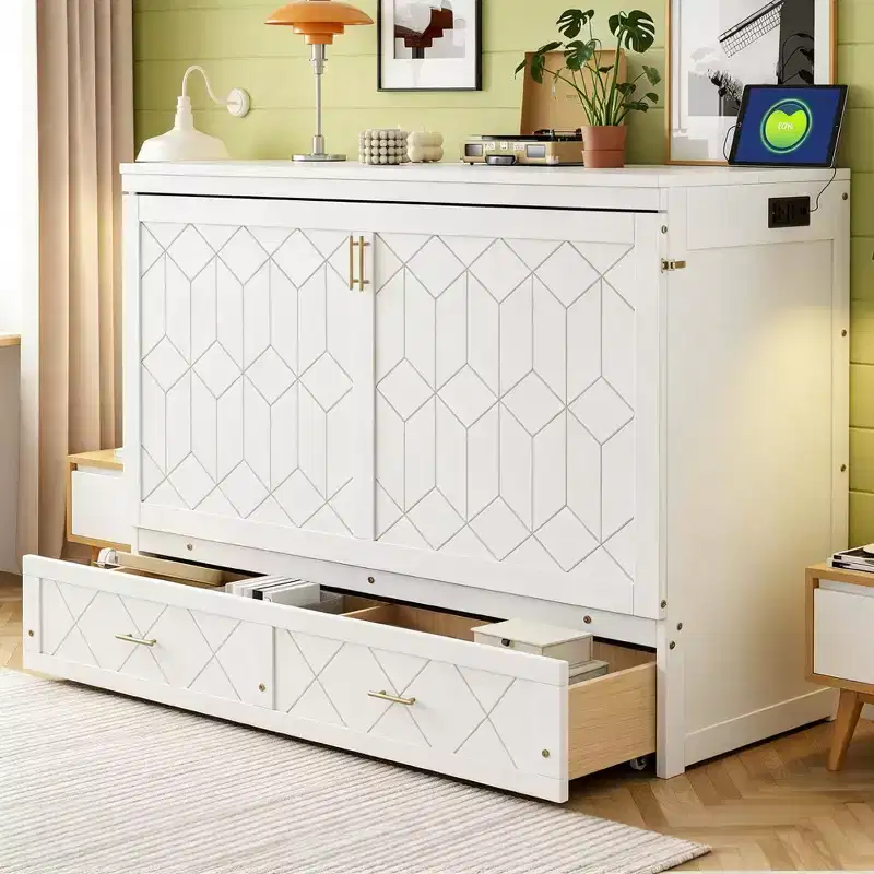 Luxystar Modern Queen Murphy Bed Cabinet With Storage Drawers, Safety Lock and Outlet