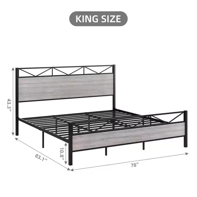 King Size Bed FrameMetal Platform Bed Frame with Headboard and FootboardNo NoiseNo Box Spring RequiredEasy to Assemble