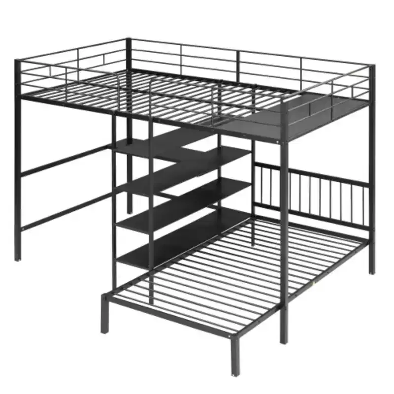 Full/Twin Bunk Bed with Built-In Desk: Black, Metal, Shelves