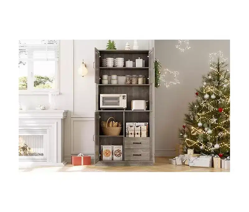 Tall Bar Cabinet, Adjustable Shelves & Drawers, TackView Modern Kitchen Pantry Hutch with Microwave Stand, Large Wood Storage for Dining/Living Room