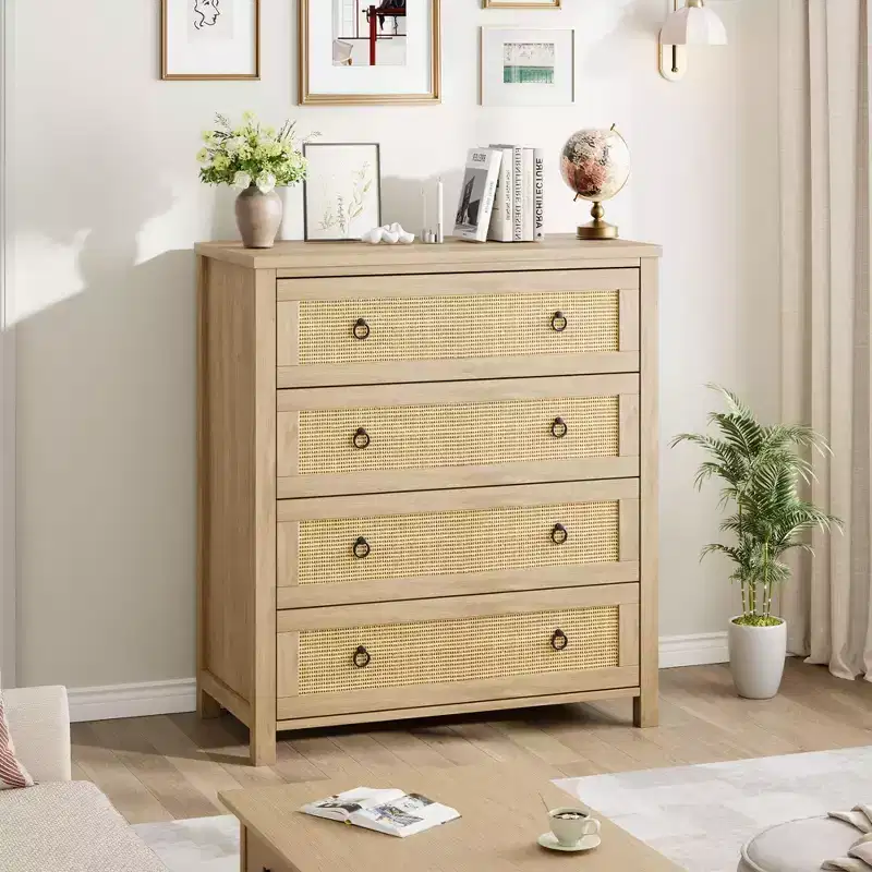Rattan Dresser for Bedroom, 4/5-Drawer Tall Chest with Natural Woven Fronts, Freestanding Clothes Storage Cabinet for Living Room, Hallway