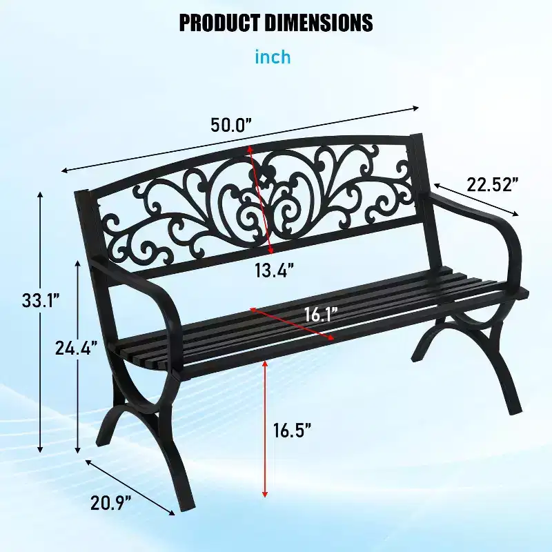 BestMassage Patio Garden Bench 50 Inch Sturdy Metal Loveseat Chairs, Black