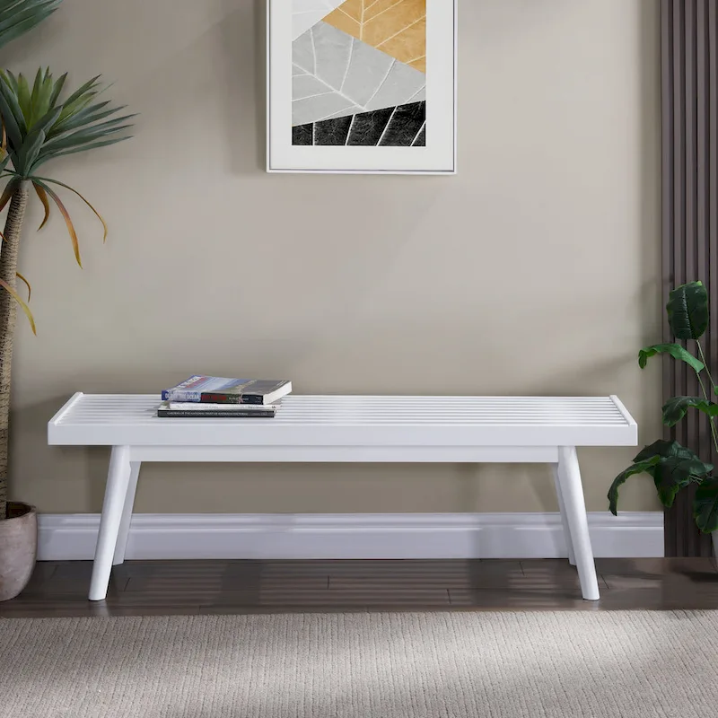 Solid Wood Slatted Bench – White, 56.30W x 16.50D x 17.50H
