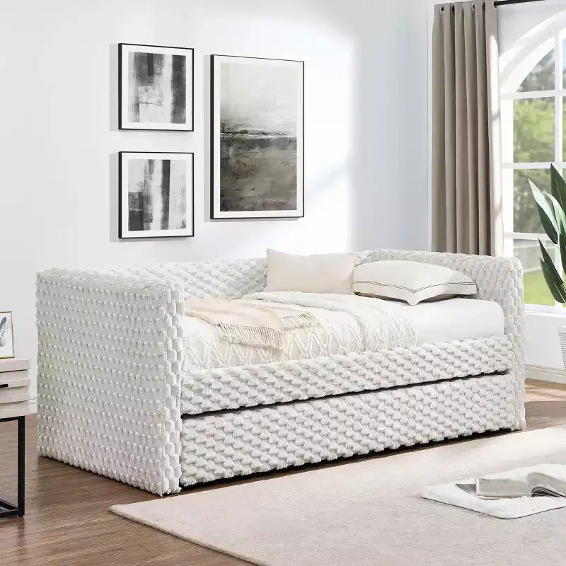 Twin Size Bed Upholstered Sofa Bed Plaid Couduroy Fabric for Bedroom Beige