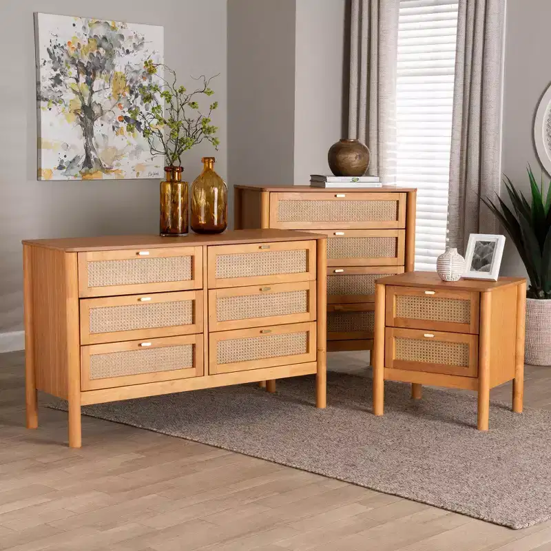 Baxton Studio Jenn Golden Brown Wood Japandi 3-Piece Storage Set with Distressed-Finished Rattan