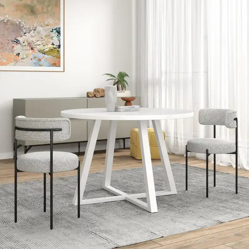 Roundhill Durban 5-Piece Round Dining Set, Trestle Dining Table with 4 Boucle Chairs
