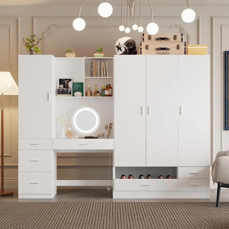 Workspace and Wardrobe Combo Storage Furniture Set with Deluxe Vanity