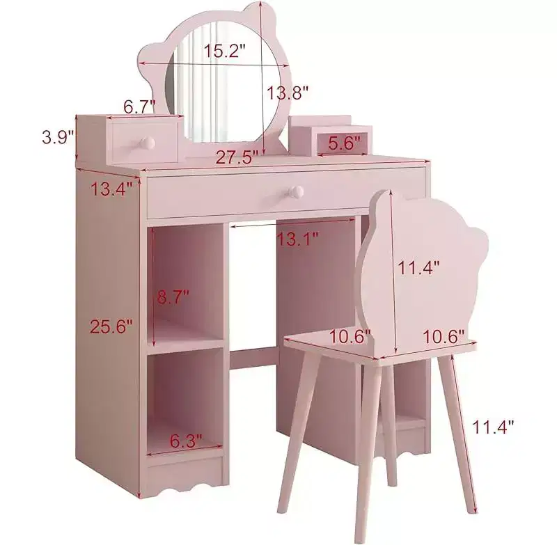 2-in-1 Dressing Table and Stool Set with Drawers & Open Shelves, Bear-Shaped Mirror & Stool, Makeup Dressing Table for Bedroom, Pink