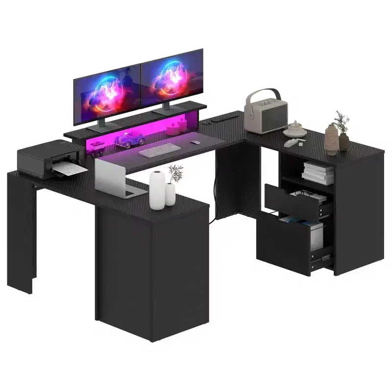 U Shaped Computer Desk Gaming Desk With Drawers With Storage Shelves & Record Storage Display Shelf Black