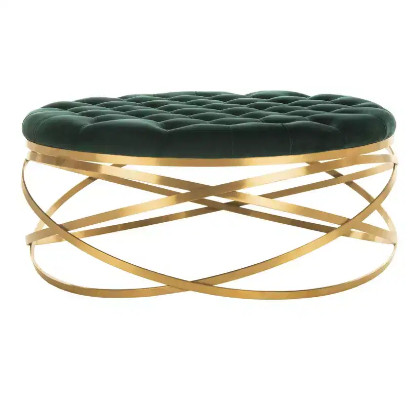 Tufted Velvet Ottoman, Emerald Green with Gold Metal Base, Decorative Footstool