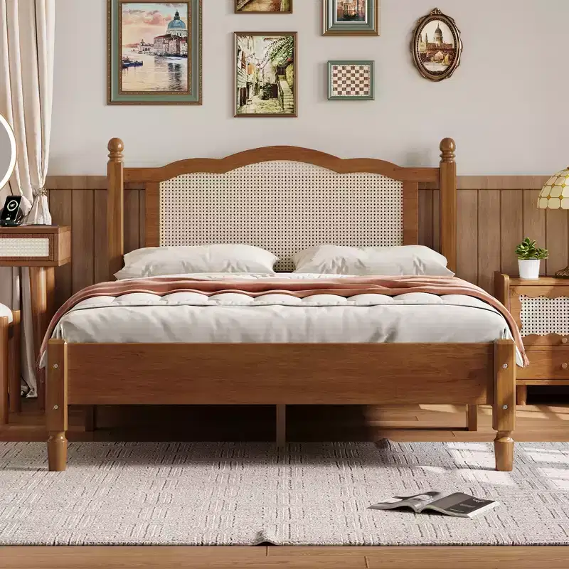 GDFStudio Brenda Vintage Wooden Platform Bed with Natural Rattan Headboard