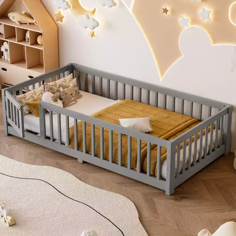 Gray/Natural/White Low-Profile Kids Floor Bed with Guardrails & Door – Twin/Full/Queen, 1–2 Users