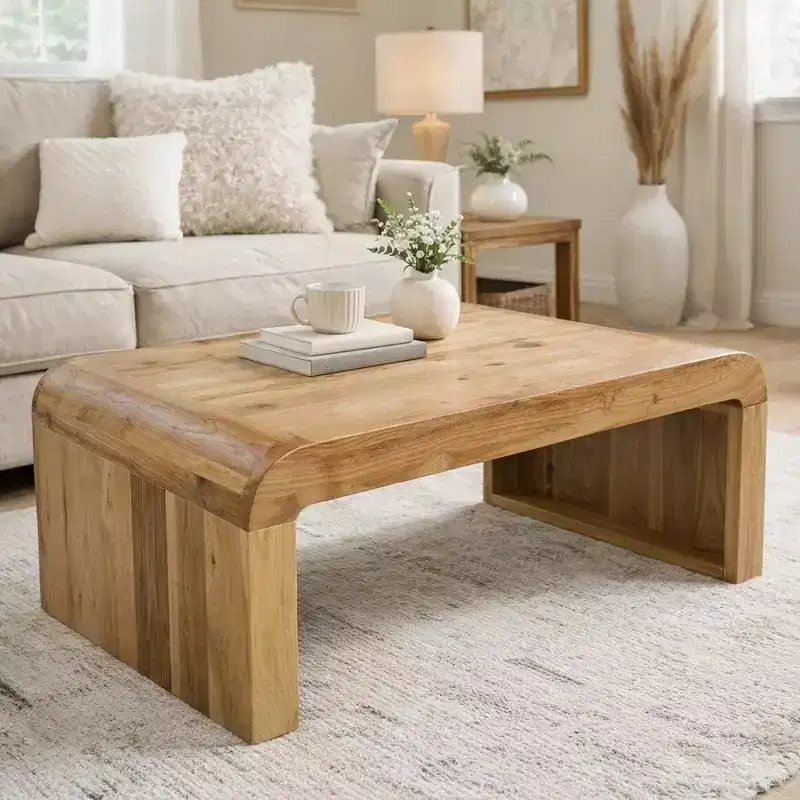 Royal Hampton Coffee Table Handcrafted Natural Acacia Wood Rectangular Curved Waterfall Top, 36 Inch