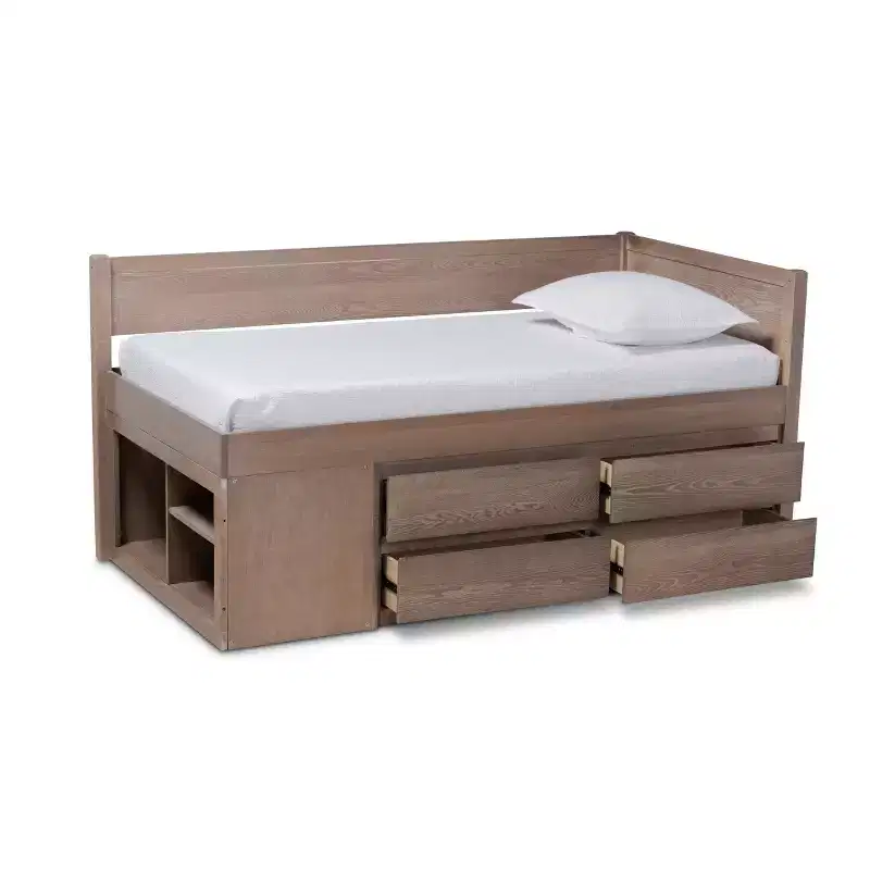 Twin 4-Drawer Wood Storage Bed in Antique Oak Finish