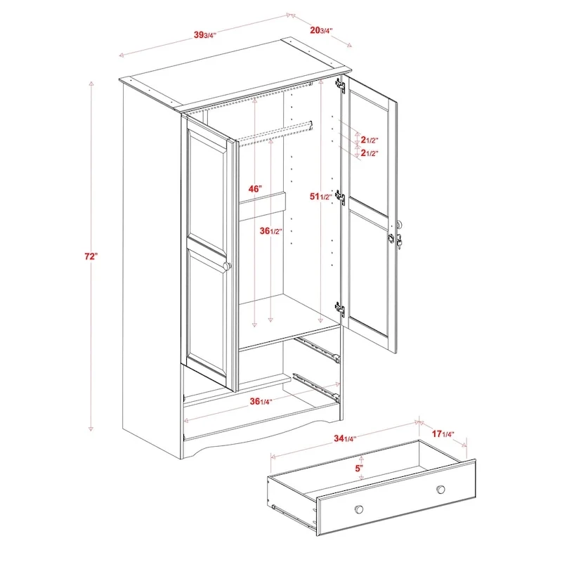 100% Solid Wood Smart Wardrobe Armoire with 2 Drawers, Metal or Wooden Knobs