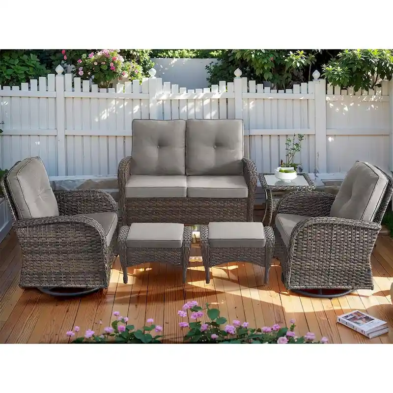 Patio Glider Sofa and Swivel Chair with Ottoman - Brown