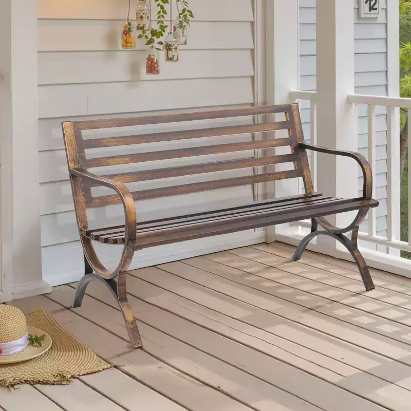 VEVOR Outdoor Bench, 50 inch, Carbon Steel Metal Frame with Slatted Pattern Backrest and Round Edge Armrests, Weatherproof, Antique Bronze