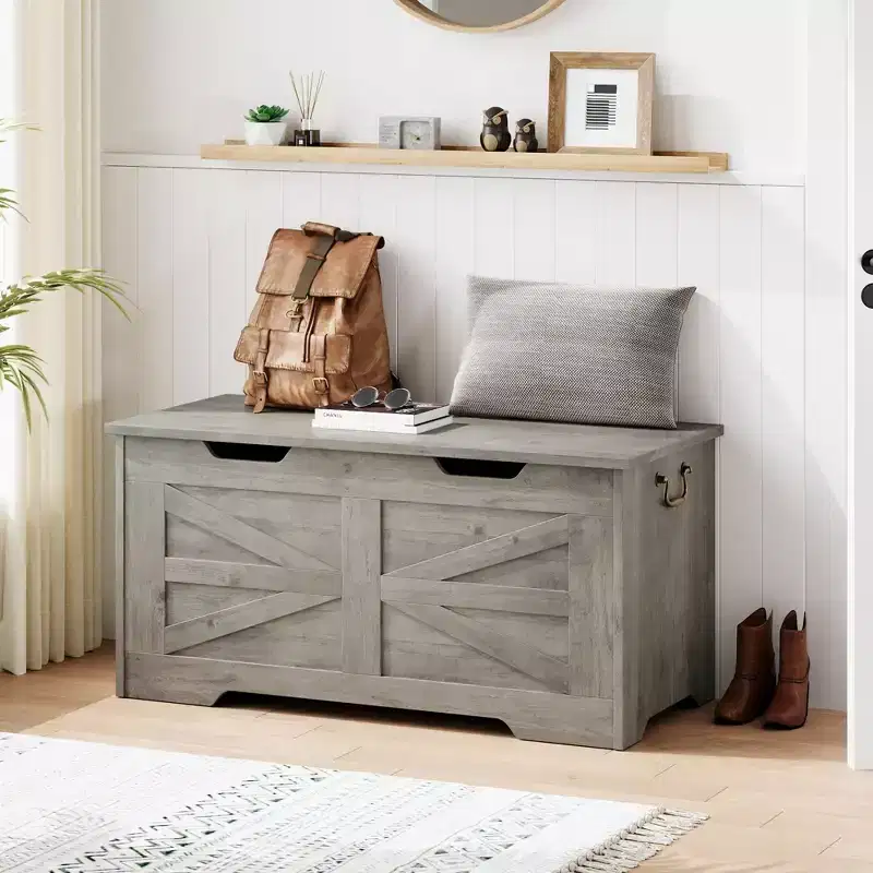 Storage Chest, 31.5Wooden Toy Box with 2 Safety Hinges, Entryway Storage Bench with Flip-Top, Sturdy Storage Trunk for Living Room, Bedroom
