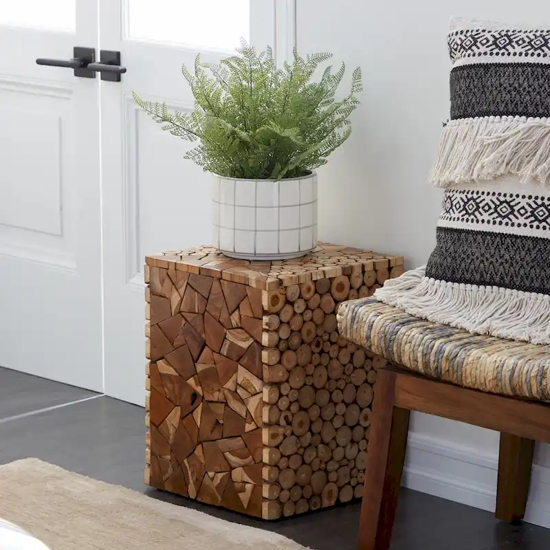 Teak Wood Handmade Square Block Accent Table with Mosaic Wood Chip Design - Brown - Roche River Decor - 14Wx14Lx18H