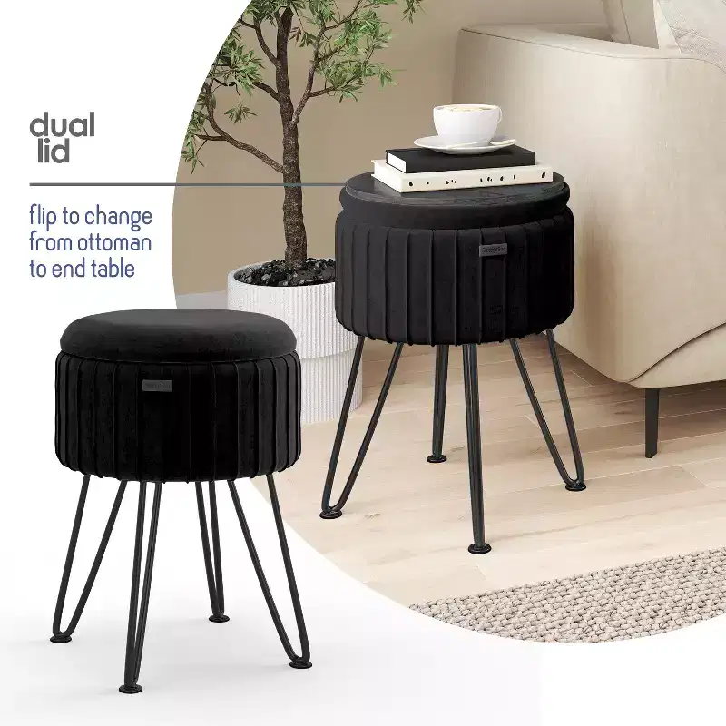 Pleated Velvet Round Storage Ottoman with Flip-Top Lid, 330 lbs Capacity
