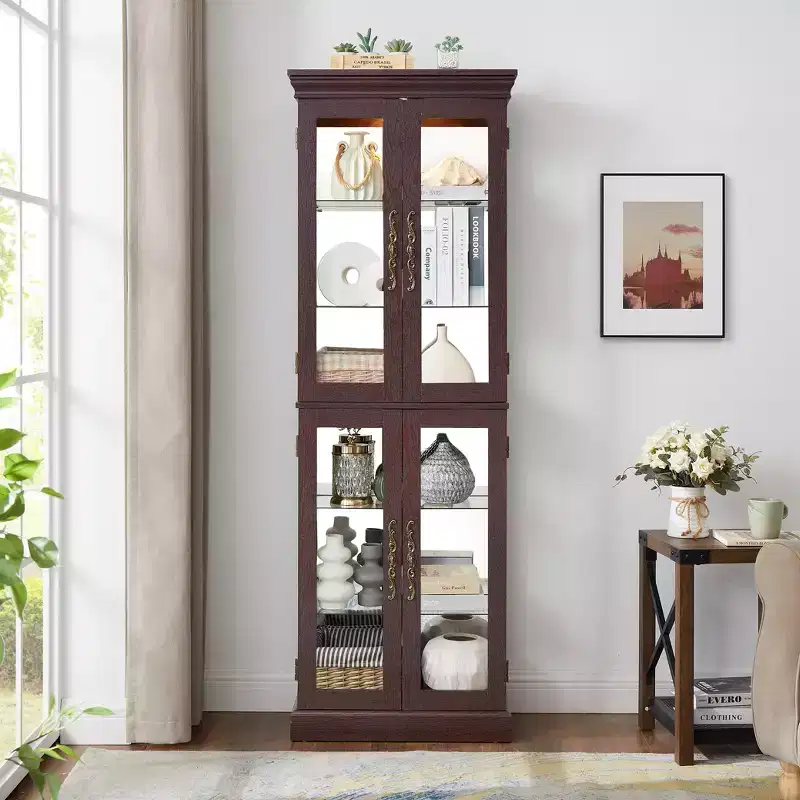 Lighted Glass Curio Display Cabinet with Adjustable Shelves, High-Quality Hinge, and Vintage Handles