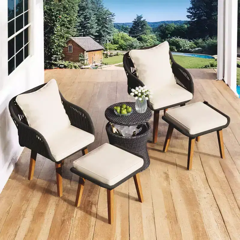 Zevemomo 5 Piece Rope Patio Furniture Set, for Backyard with Handwoven Armchairs, Ottomans, Pop-Up Cool Bar Wicker Table