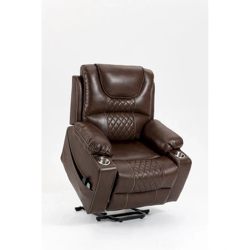 Brown Leather Power Lift Recliner, Multi-Function Massage, Heating, Cup Holders