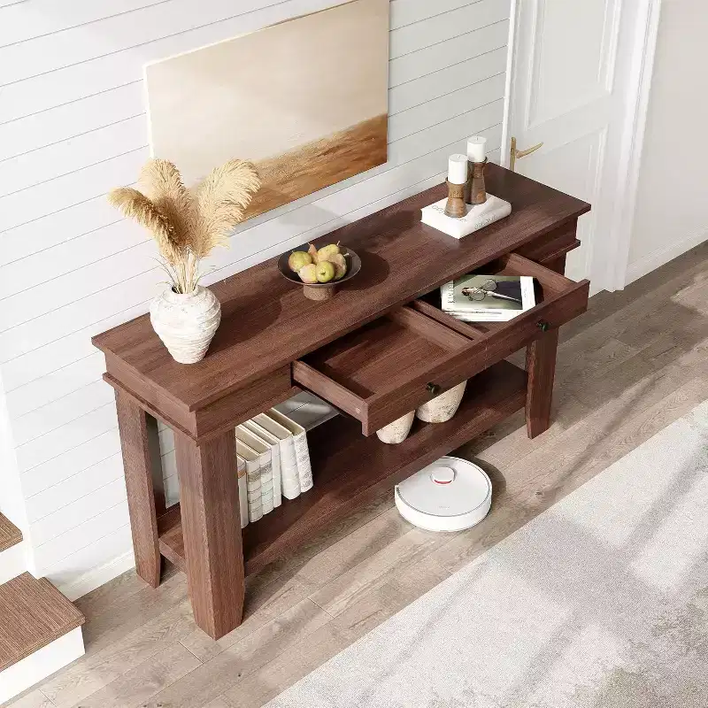 54In Long Console Table, Wooden Entryway Table with 2 Drawers & Open Storage Shelf, Entry Foyer Table for Entryway, Hallway, Living Room