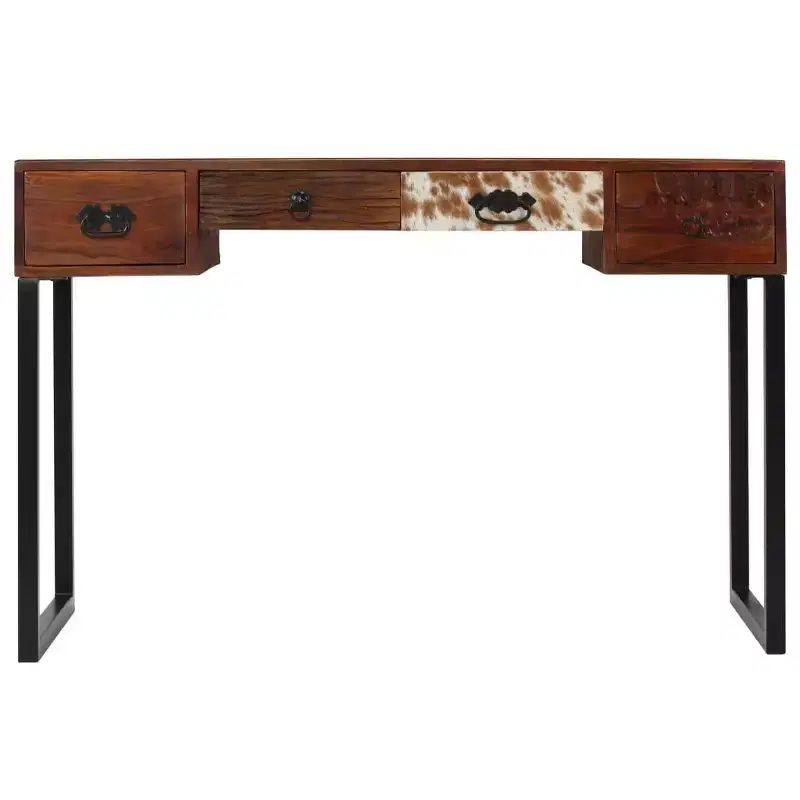 Solid Wood Home Office Desk with Leather Accents & 3 Drawers, Dark Brown