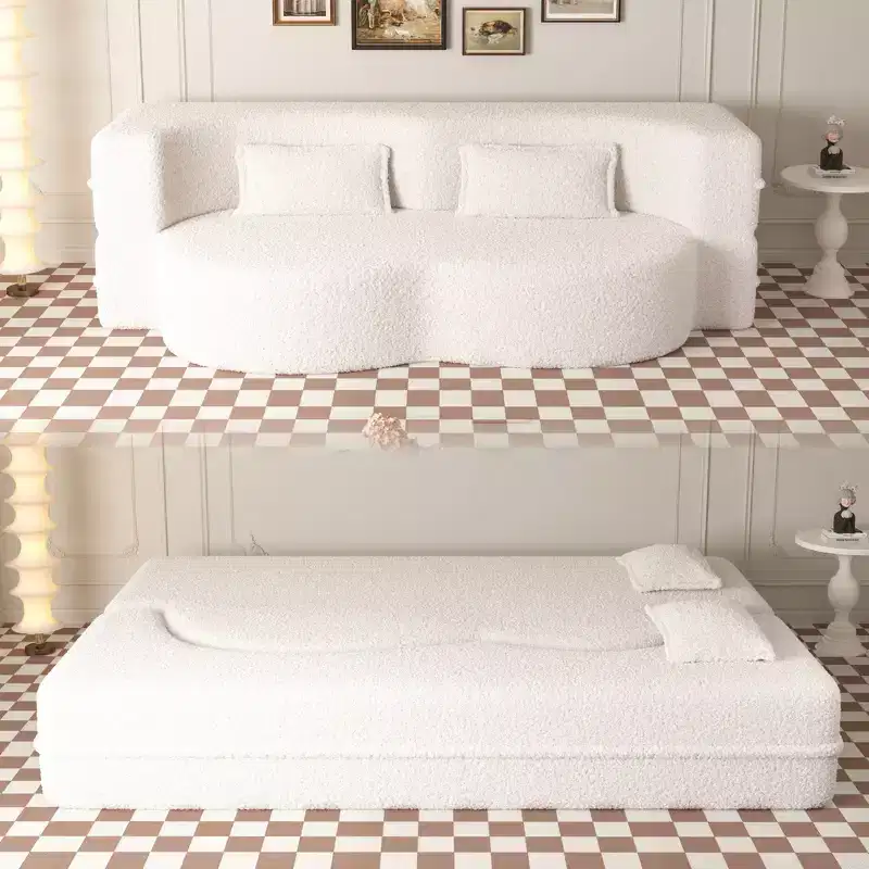 Modern Convertible Sectional Sofa Couch Floor Sofa with 2 Pillows Teddy Fabric Upholstered Sofa Folding Mattress No Assembly Required
