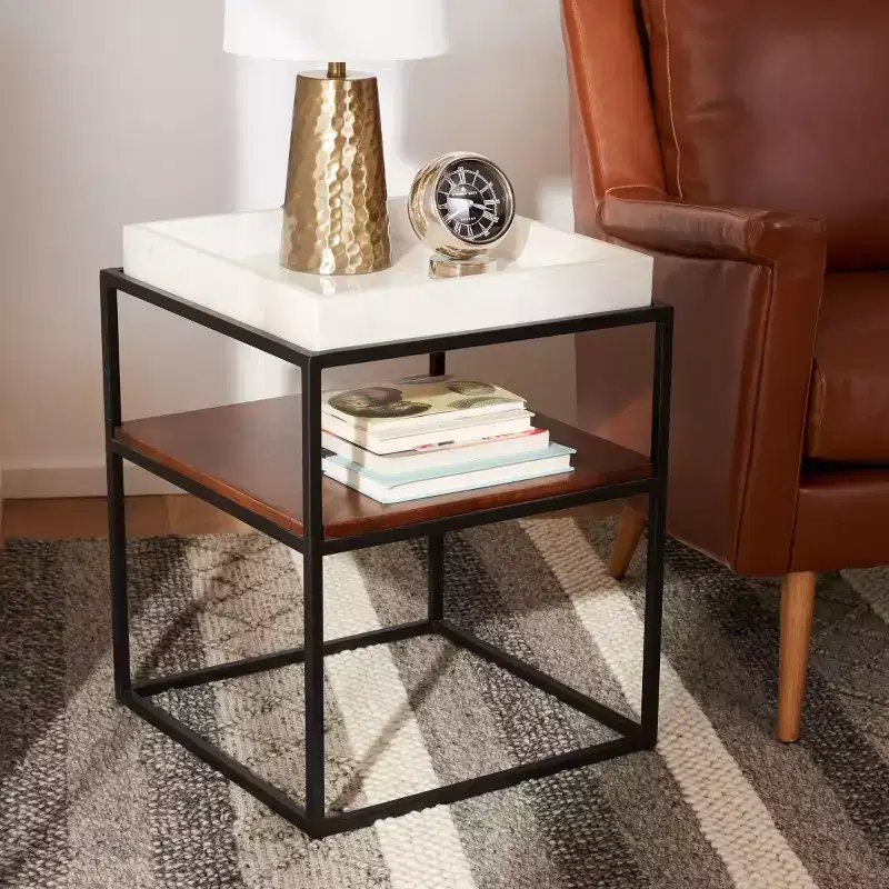 Kya 2 Tier Accent Table - ACC3709A - White/Walnut - Safavieh