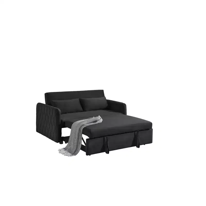 Gray Velvet 2-Seater Convertible Sofa Bed with Pull-Out Bed