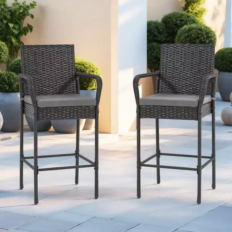 EROMMY Outdoor Patio Wicker Bar Stools Set Of 2, Pe Wicker Rattan Bar Stools With Removable Cushions, Ergonomic Armrests & Backrest
