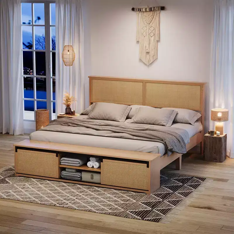 Natural Rattan Boho Platform Bed with Sliding Storage & LED Headboard