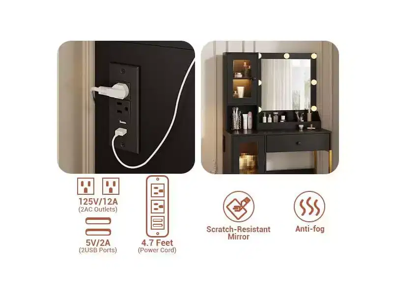 Vanity Desk with Mirror, 3 Lighting Modes Lights, Built-in Outlets & USB Ports, Spacious Drawers & Storage Cabinet, Makeup Dressing Table for Bedroom