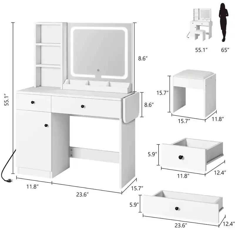 Makeup Vanity Desk with Mirror and Lights, Vanity Desk Set with Outlet & Drawers & Open Shelf & Storage Cabinet, Vanity Table Set for Bedroom