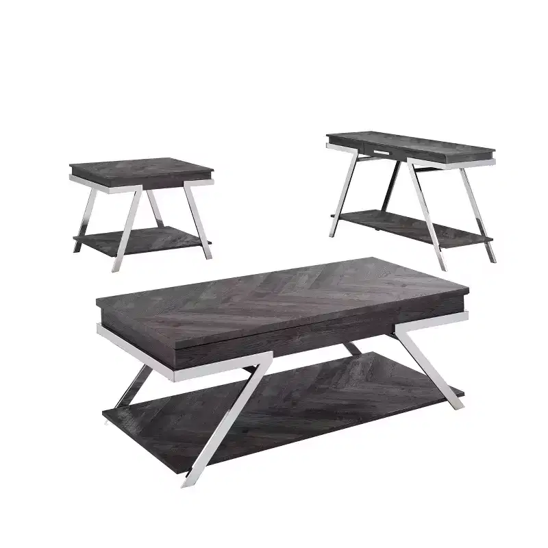 3pc Roma Occasional Table Set Dark Gray/Chrome - Steve Silver Co.: Modern Living Room Furniture Set with Lift-Top Design