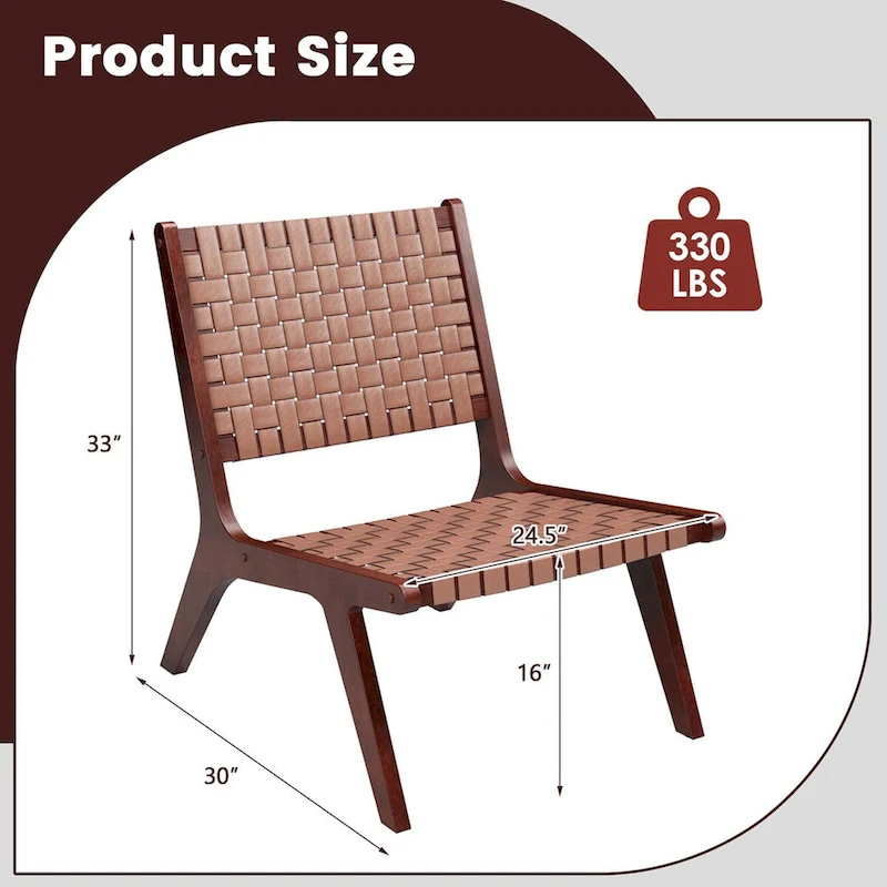 Costway Woven Leather Accent Chair Mid Century Rubber Wood Armless