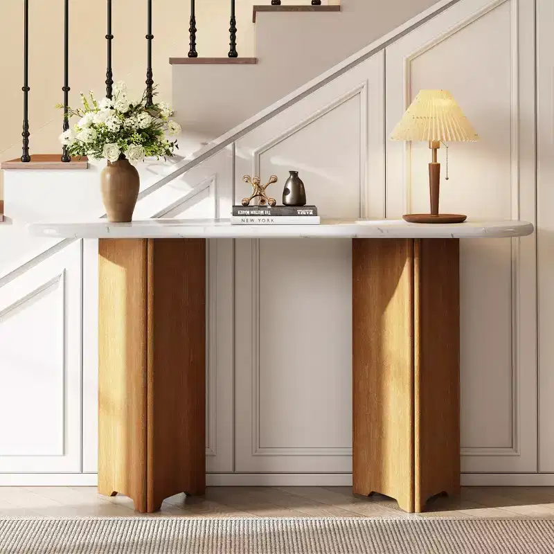 Narrow Console Table with Oval Faux Marble Top Rustic Sofa Table with Curved Legs for Living Room Natural White