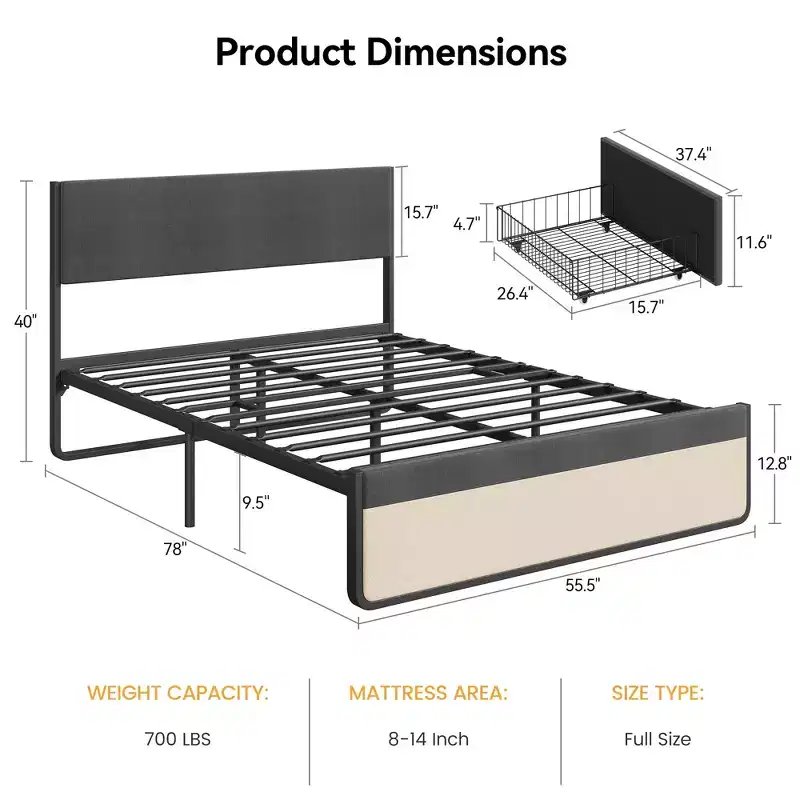 Upholstered Bed Frame with Storage Drawers, Platform Bed with Headboard and Under-Bed Clearance
