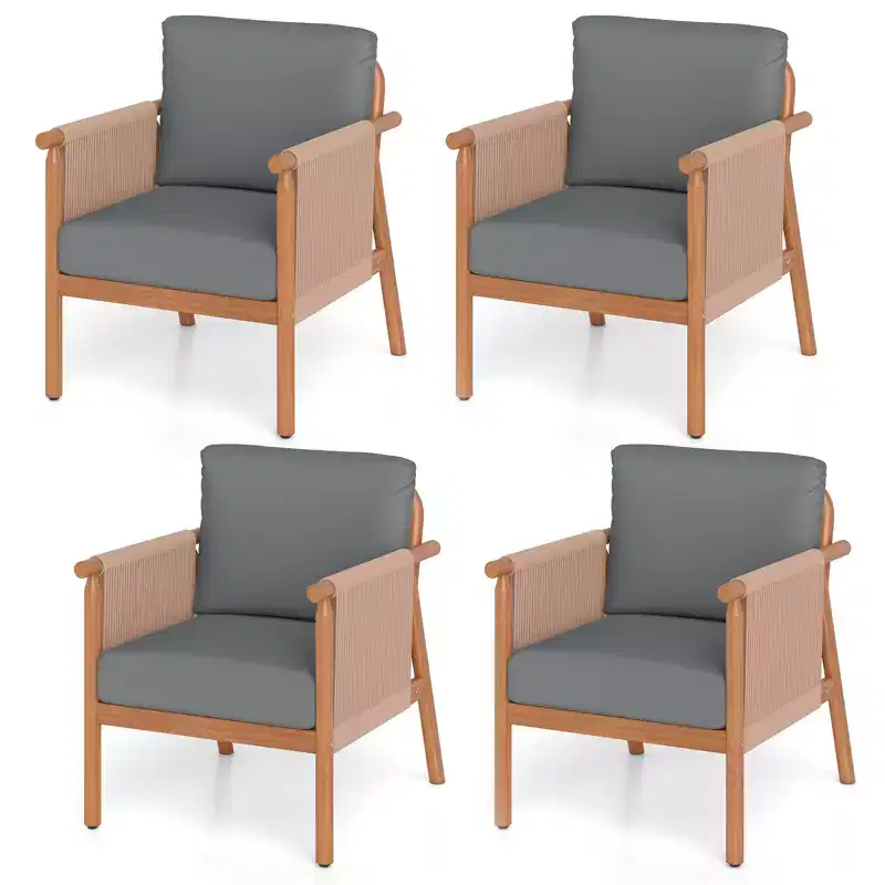 Gymax 4PCS Patio Armchair Acacia Wood w/ Seat Back Cushions