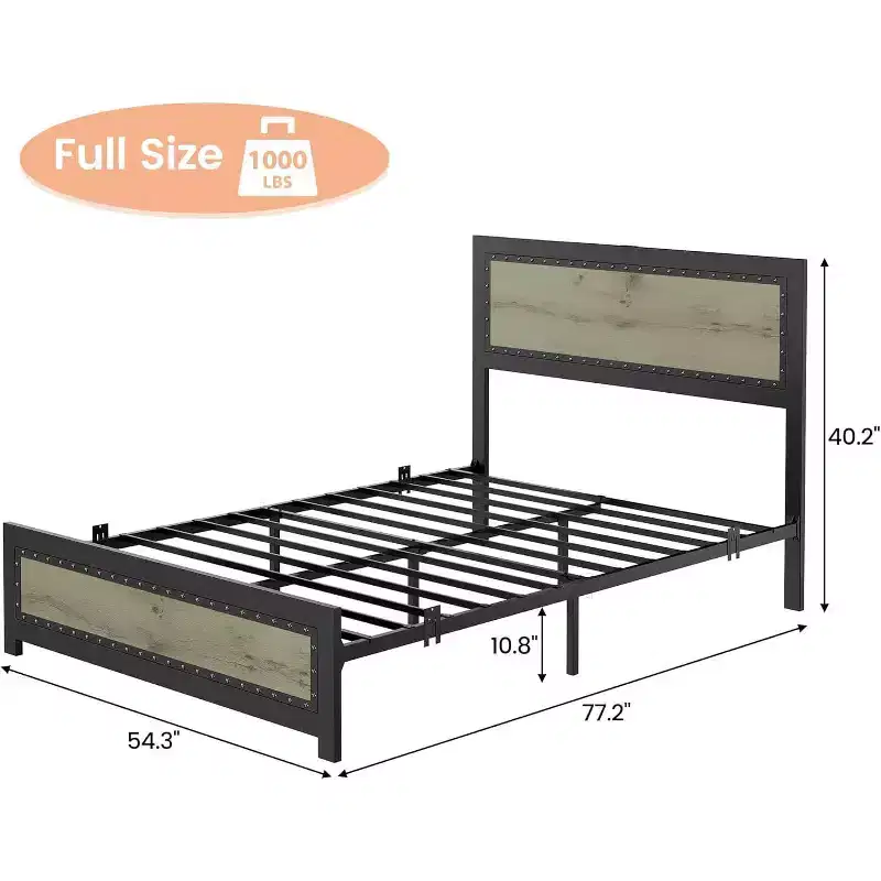 Bed Frame with Charging Station, Industrial Design Platform Bed Frame with Headboard and Metal Slated Frame, No Spring Box Need, Easy Assembly