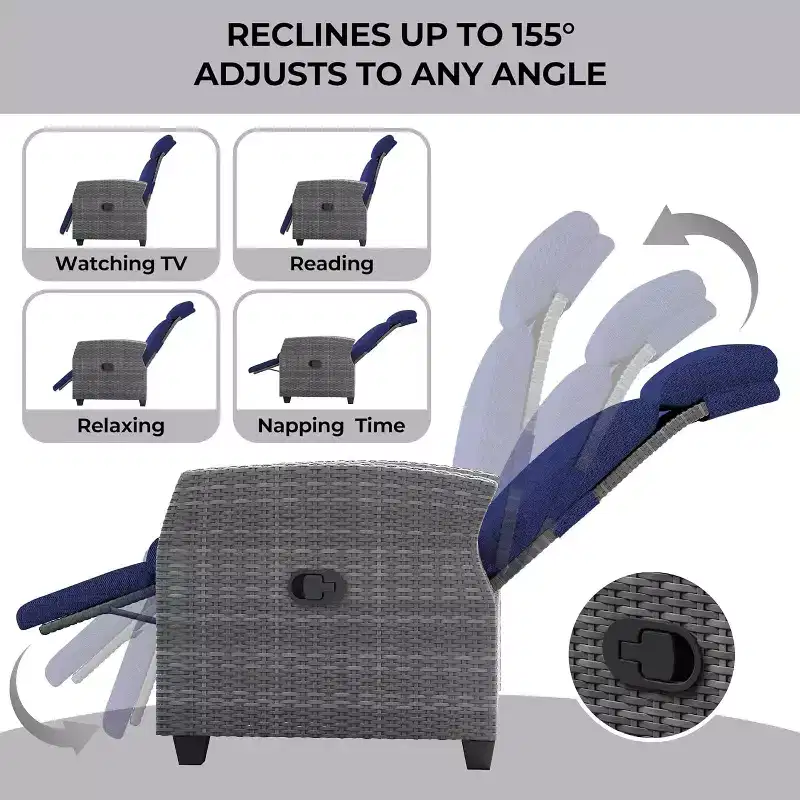 Patio Recliner Chair, Adjustable Back Footrest PE Wicker Weather Resistant with Flip Up Table Air Pump