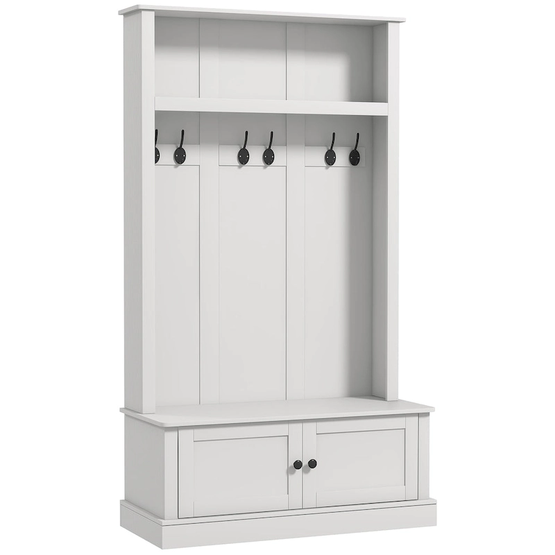 HOMCOM Freestanding Hall Tree, Entryway Bench with Coat Rack, Shoe Cabinet and Top Shelf