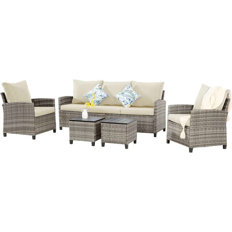 6 PCS Patio Furniture Set, Outdoor Wicker Conversation Sectional Sofa Couch Furniture Sets with Ottomans